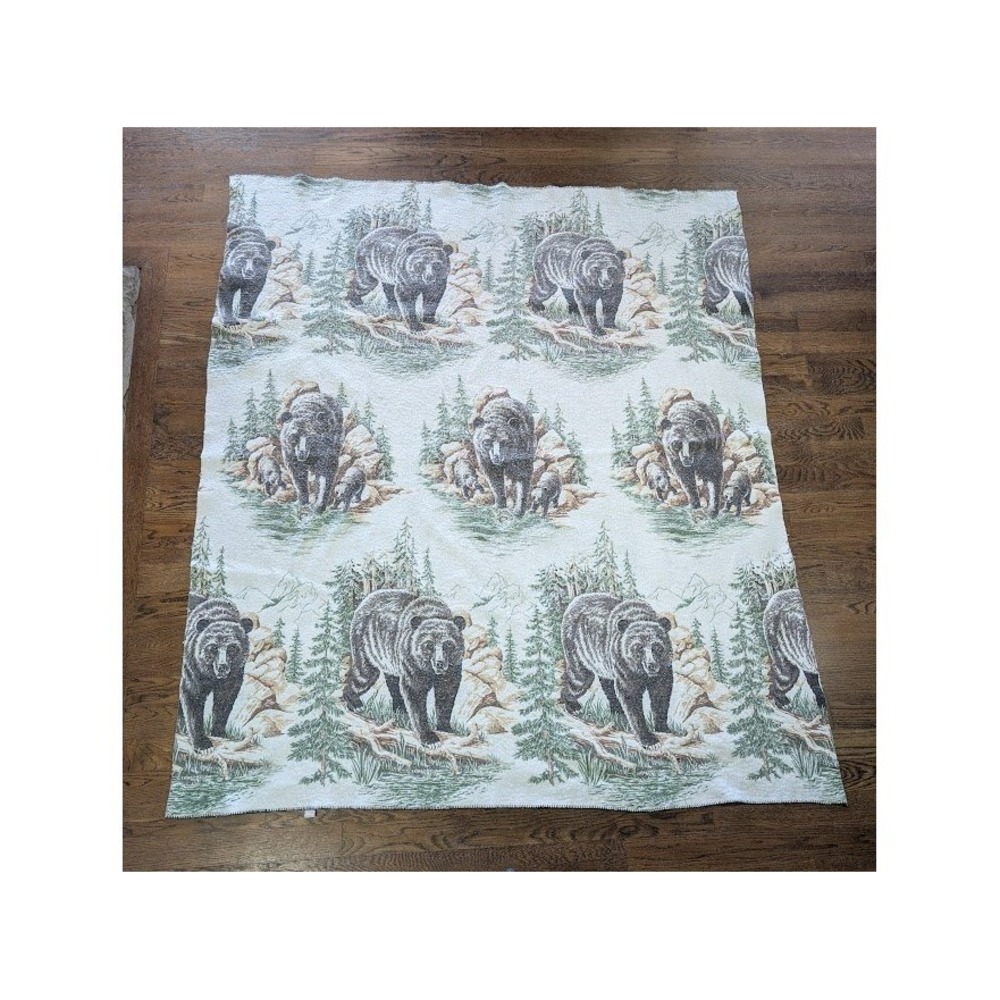 Vtg Cannon Mills Grizzly Bear Throw Blanket Lodge Cabin 60x46 Nature Forest Cubs